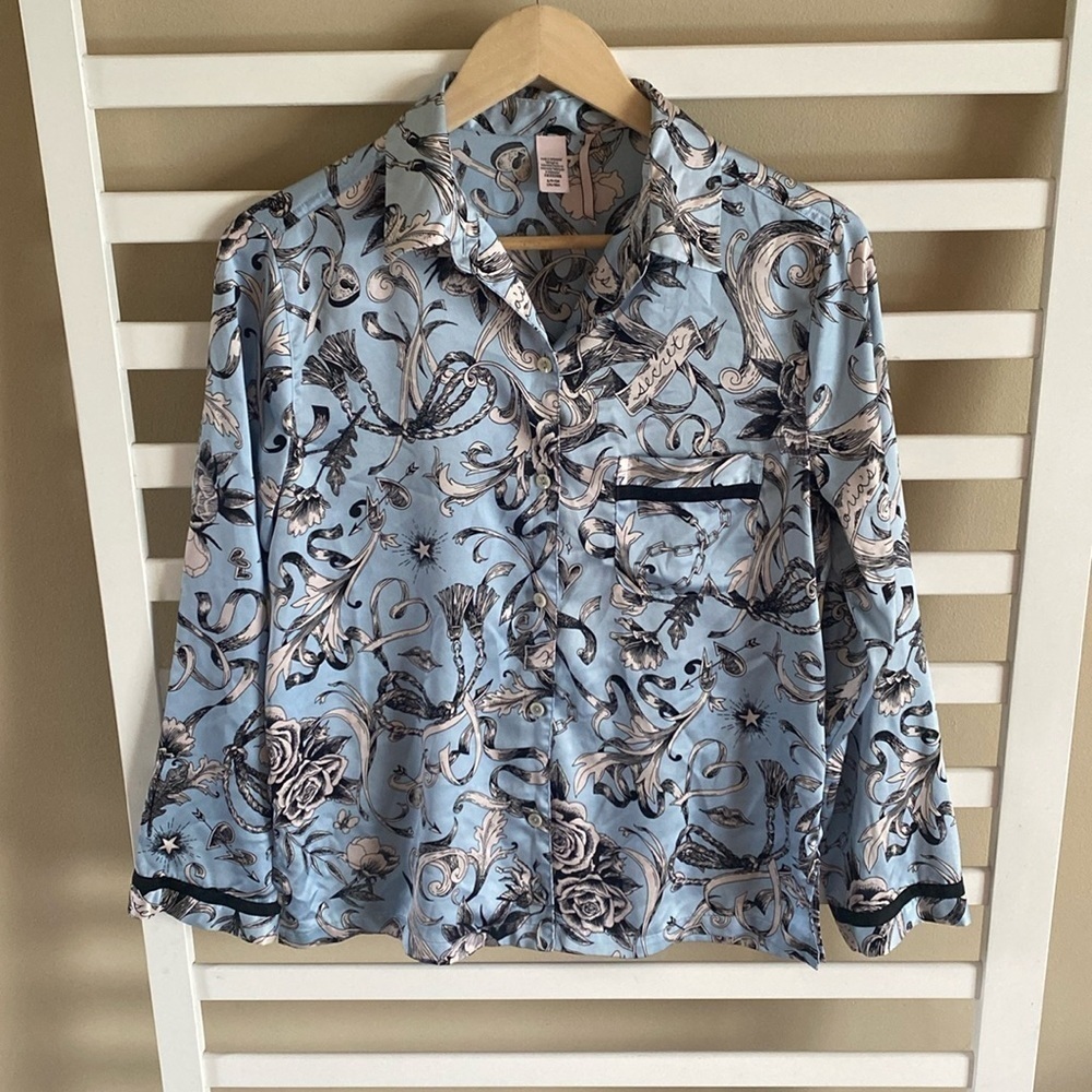 Victoria's Secret Rose Print Sleepwear Button Down Collar Shirt Size Small